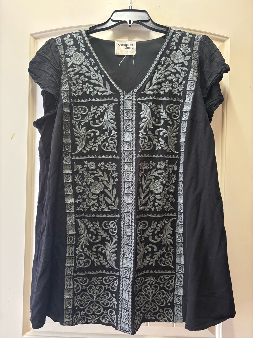 Black Embroidered V-Neck Women's Dress